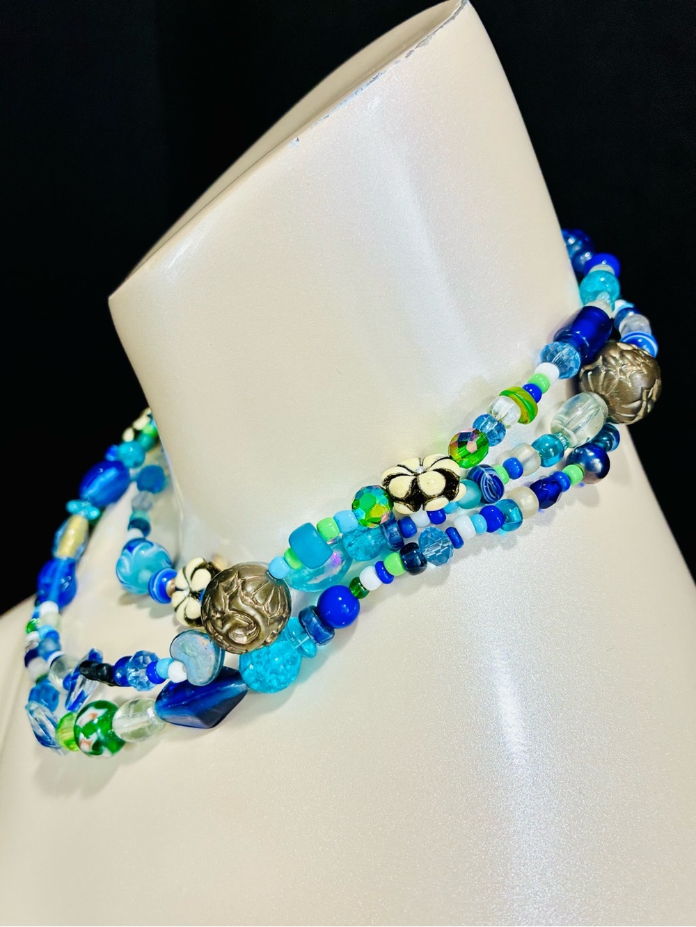 Handmade Blue & Green Beaded Necklace with Floral Accents - Picture 9 of 15